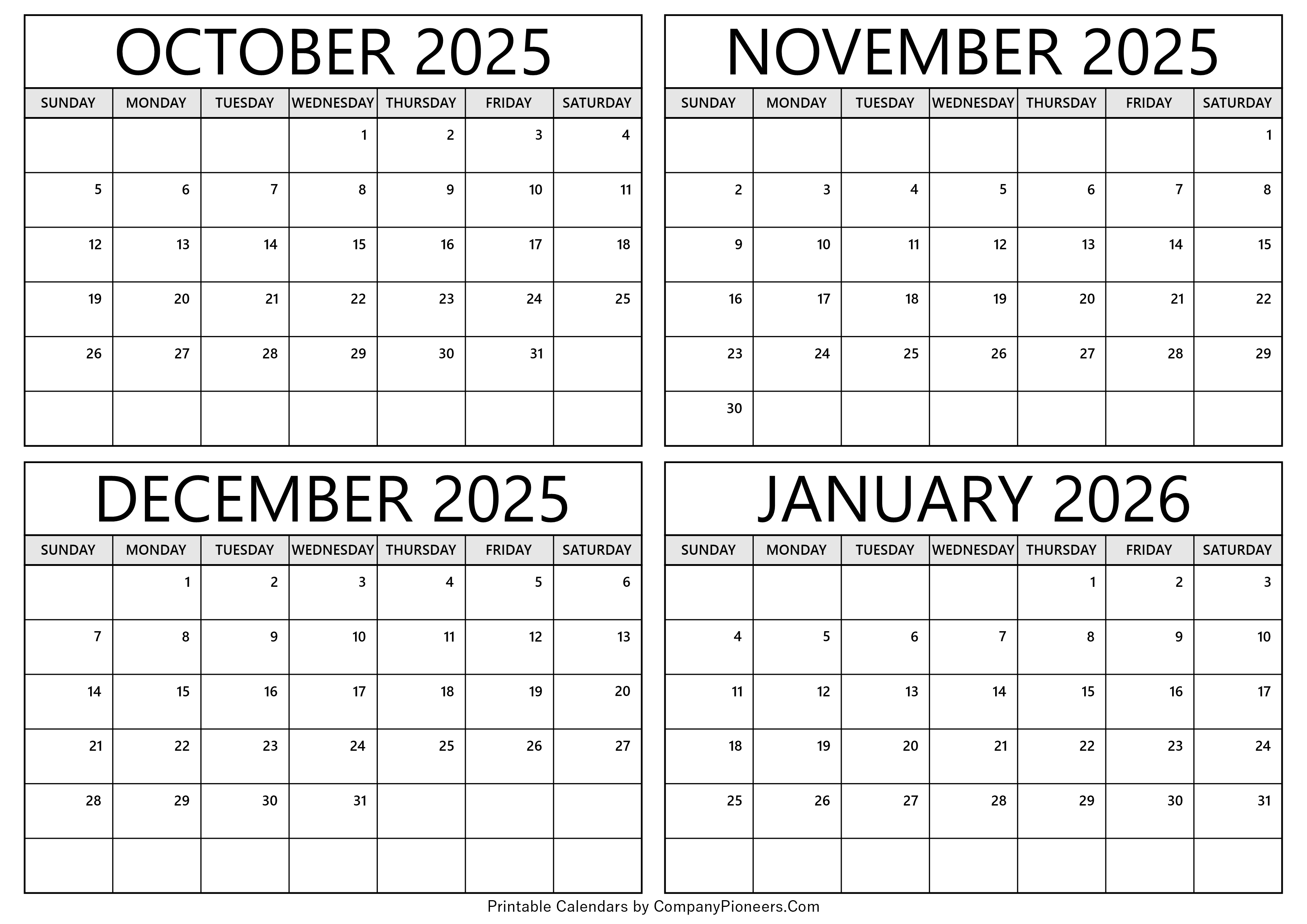 October 2025 to January 2026 Calendar