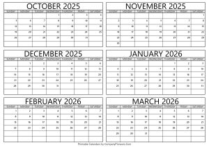 October 2025 to March 2026 Calendar