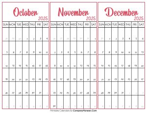 October November and December Calendar 2025