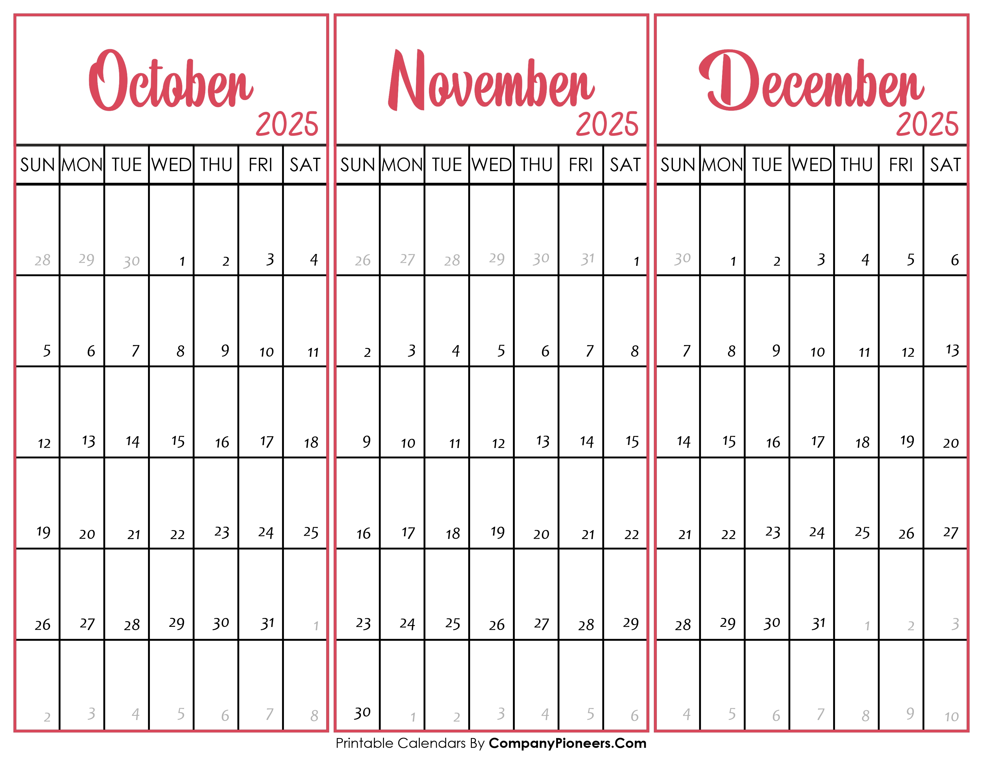 October November and December Calendar 2025