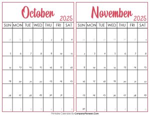 October and November Calendar 2025