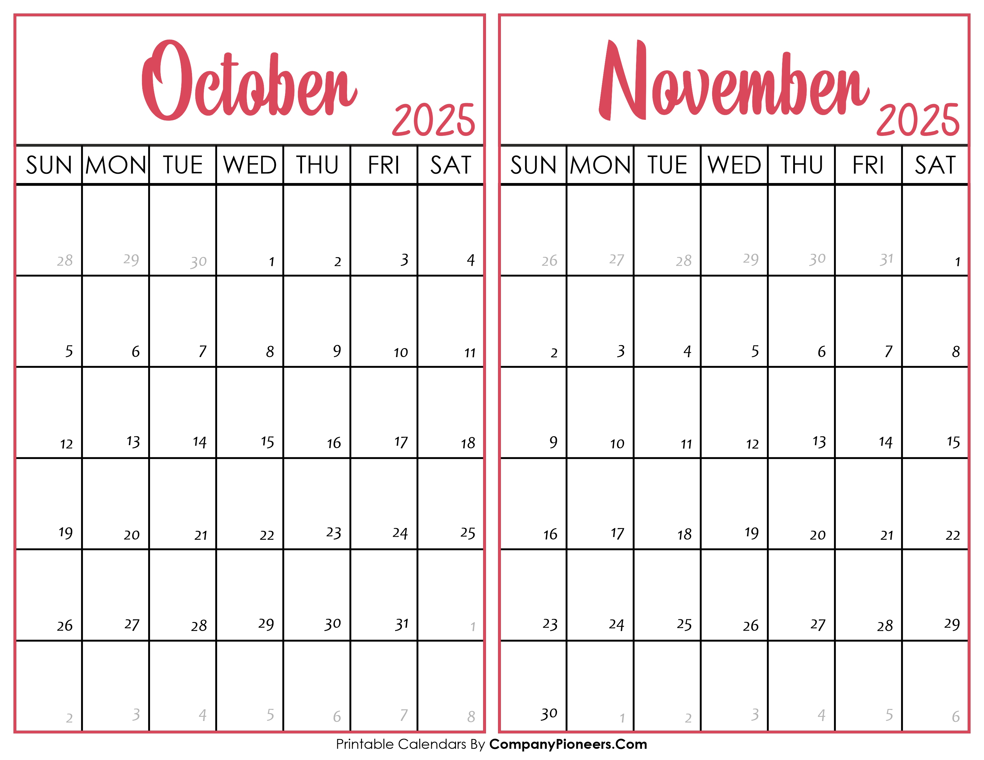 October and November Calendar 2025