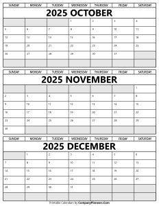 October to December 2025 Calendar