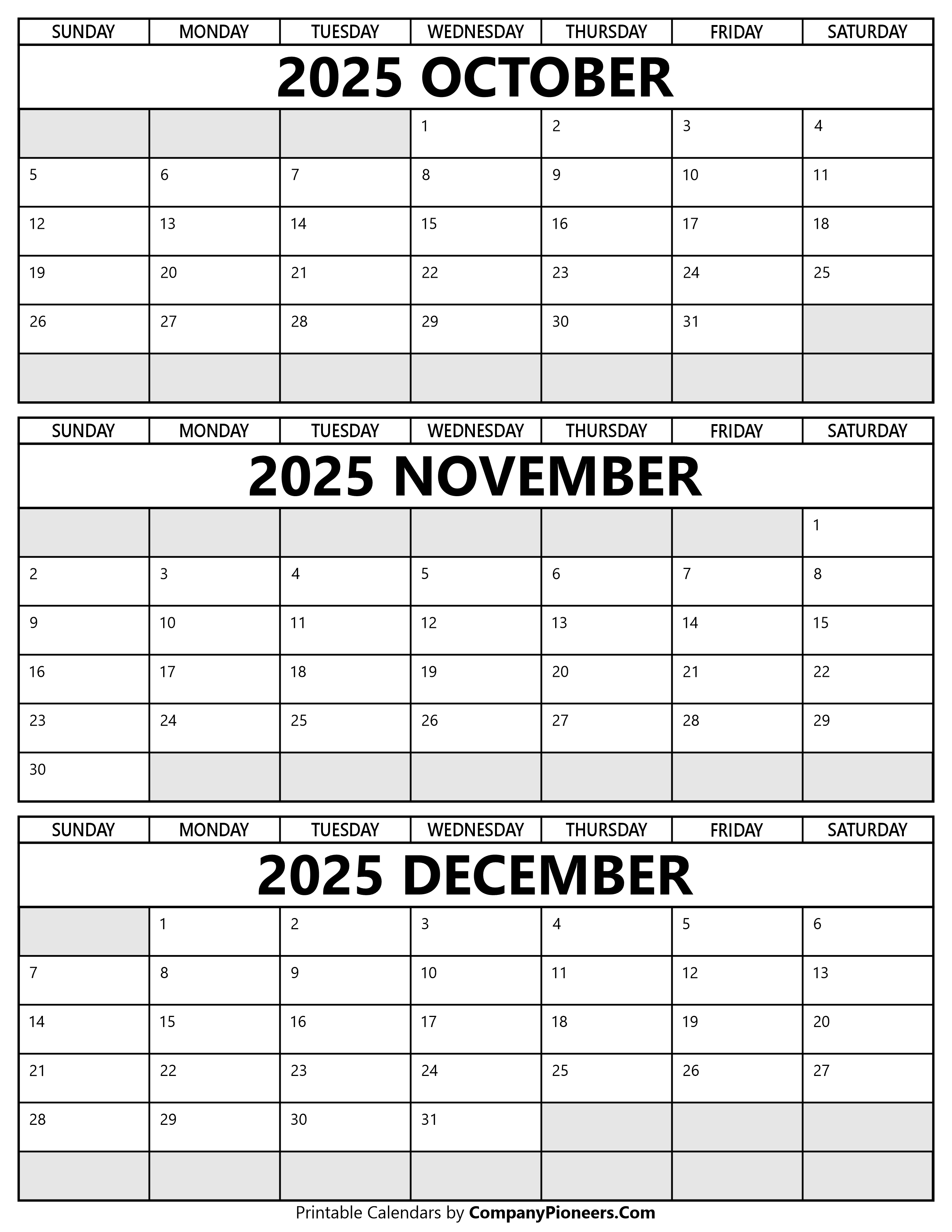 October to December 2025 Calendar