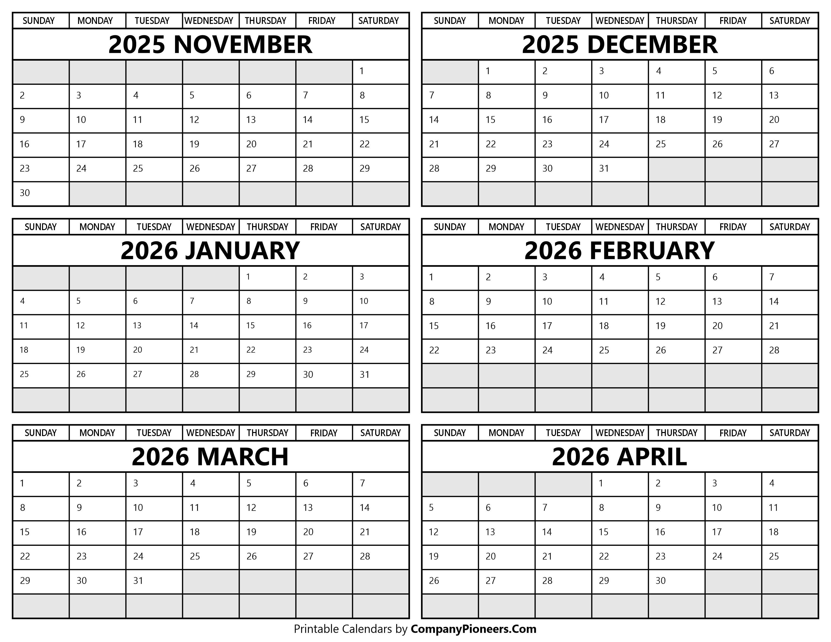 Printable November 2025 to April 2026 Calendar