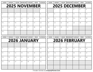 Printable November 2025 to February 2026 Calendars