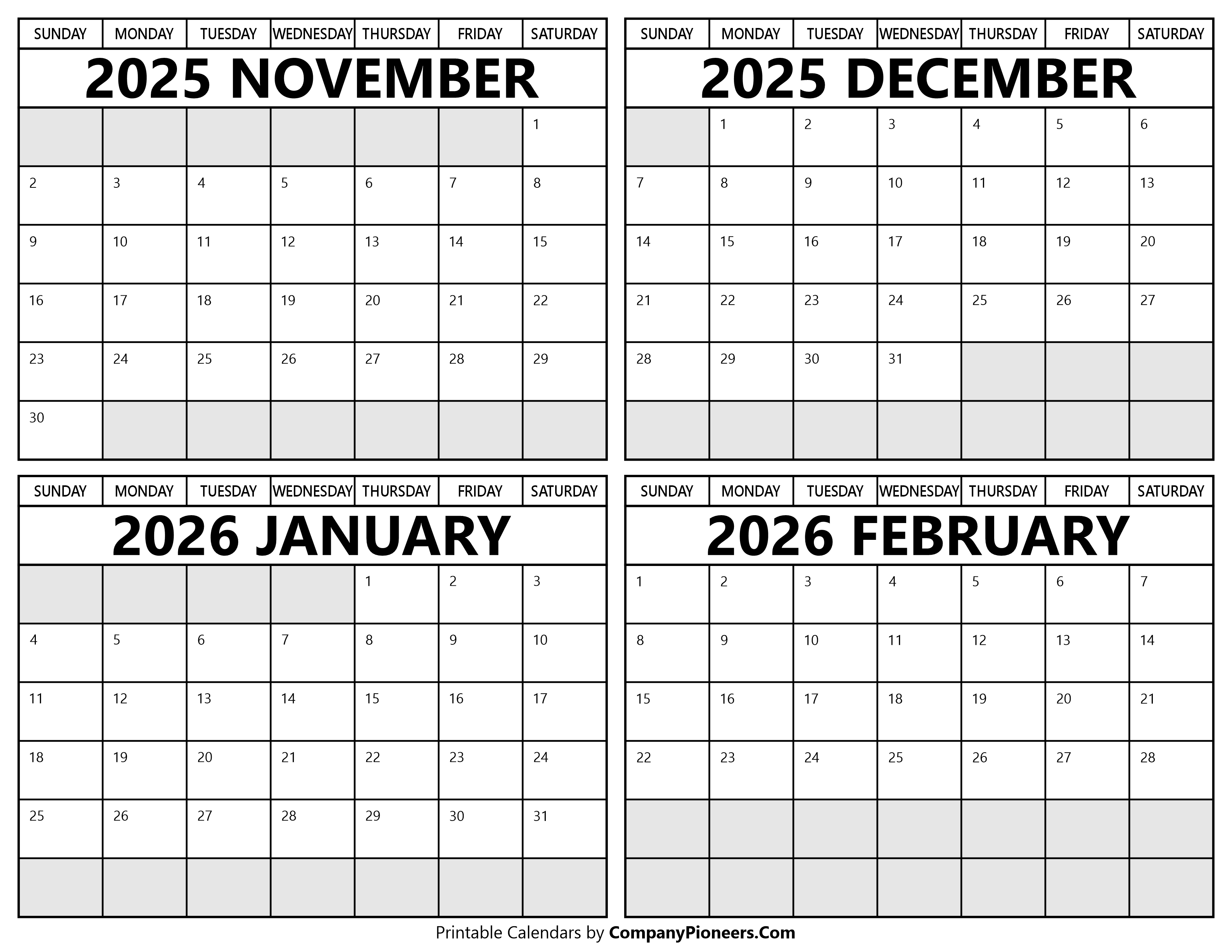 Printable November 2025 to February 2026 Calendars