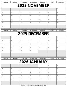 Printable November 2025 to January 2026 Calendar