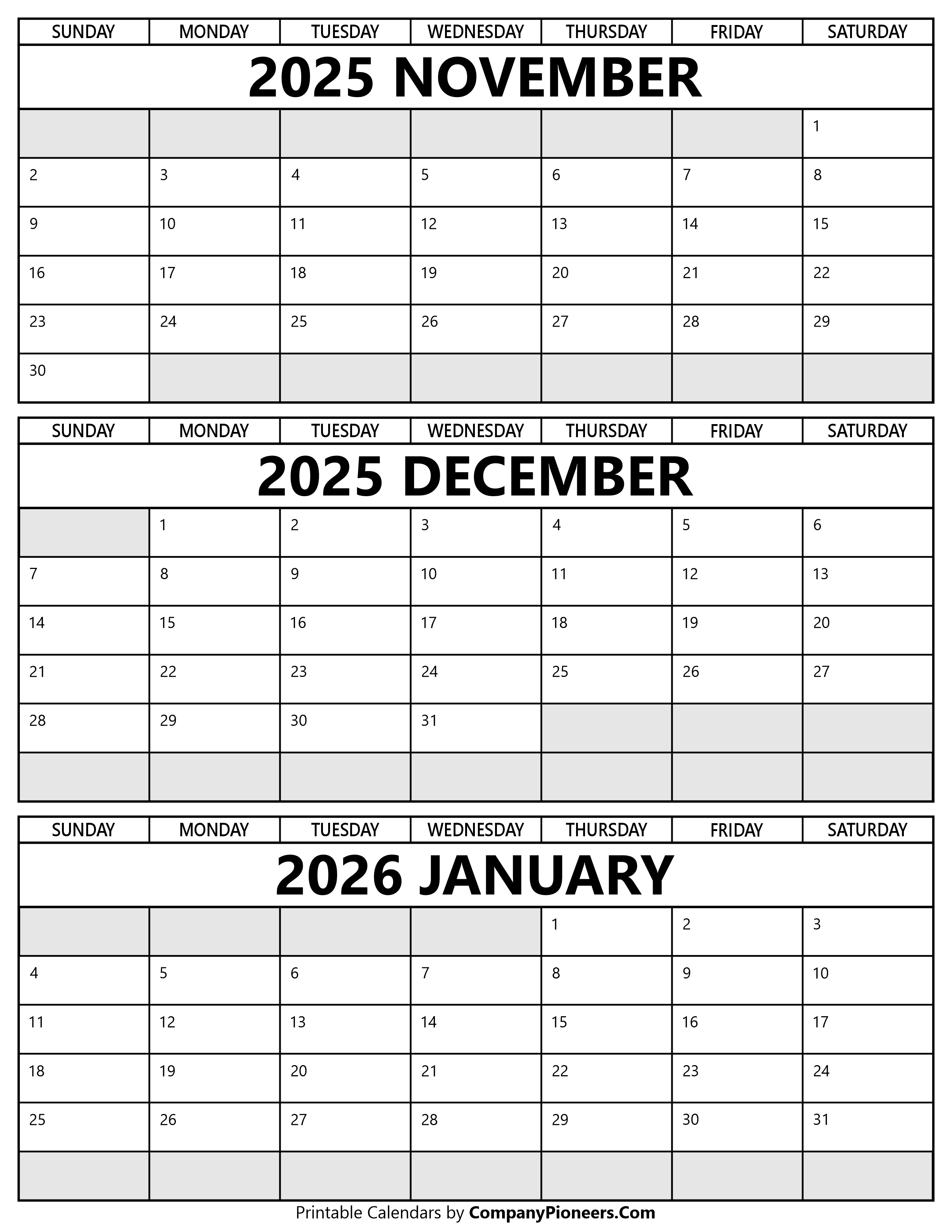 Printable November 2025 to January 2026 Calendar