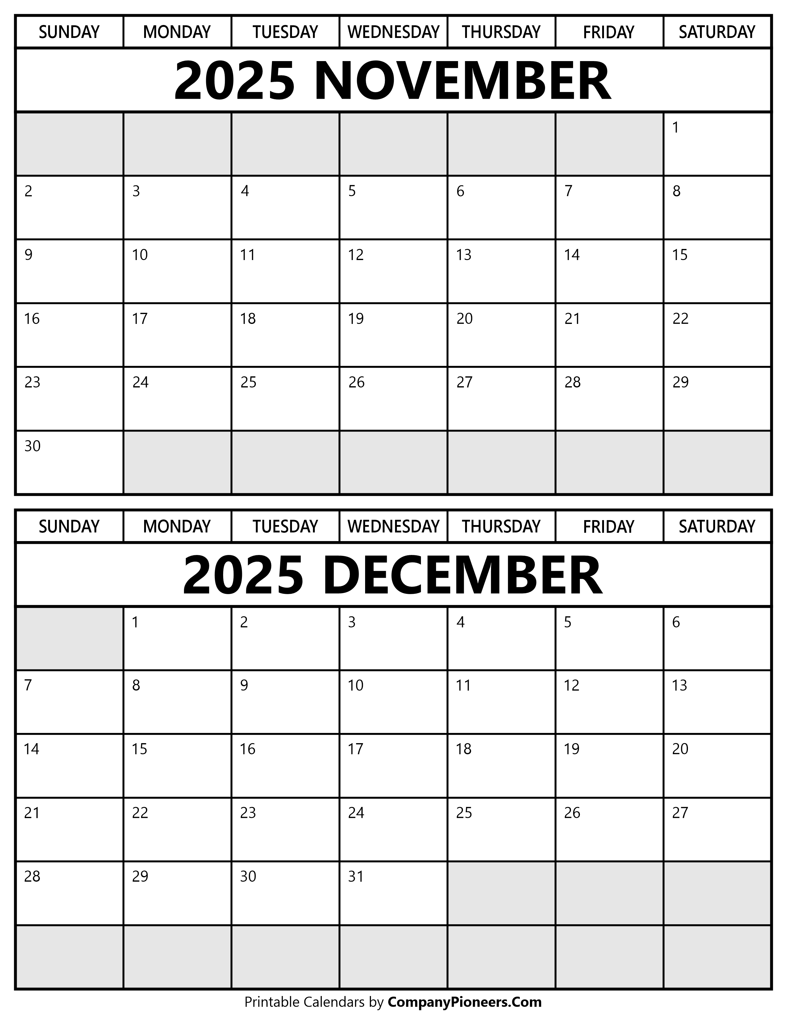 Printable November December 2025 Calendar