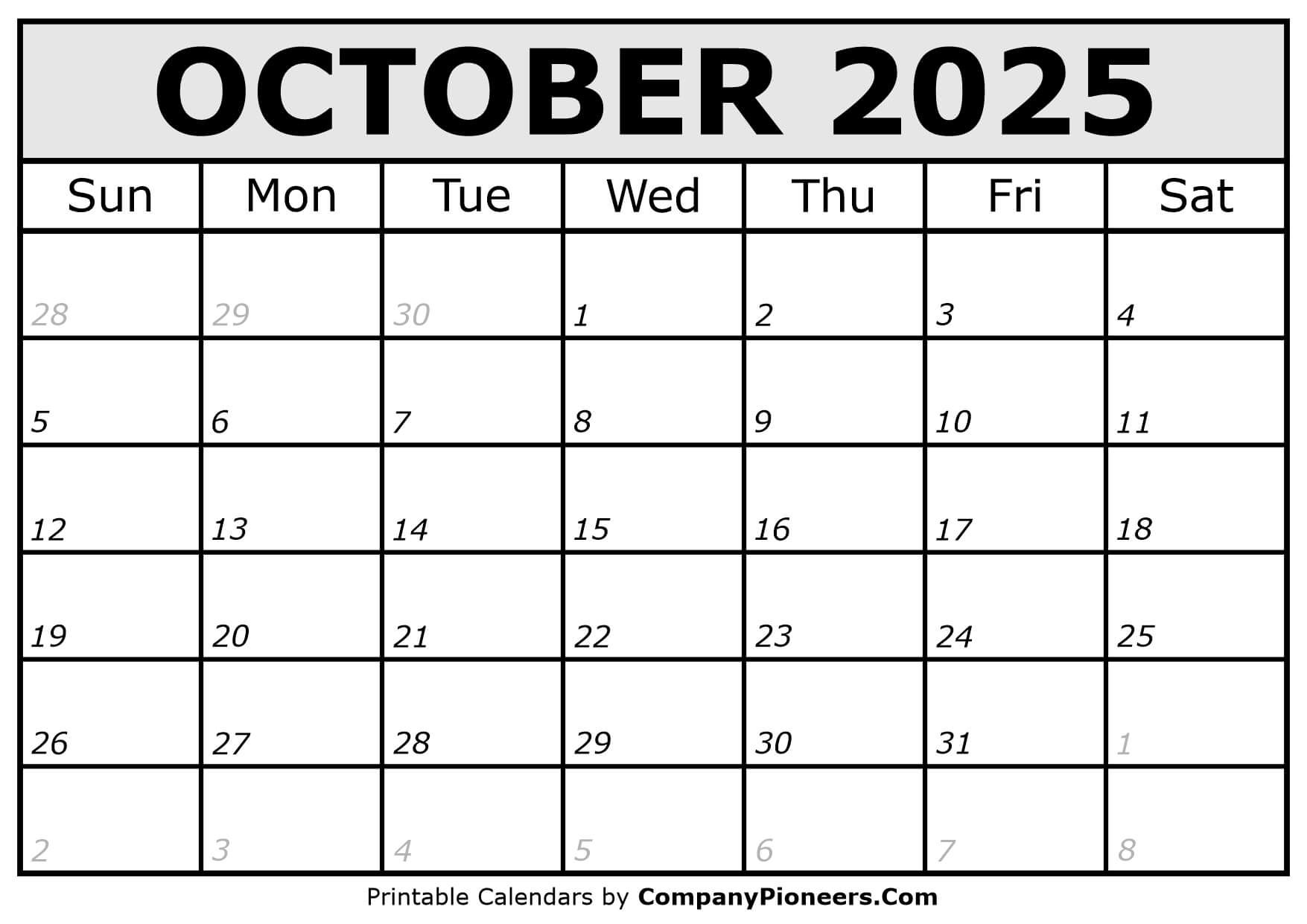 Printable October 2025 Calendar Italic Font