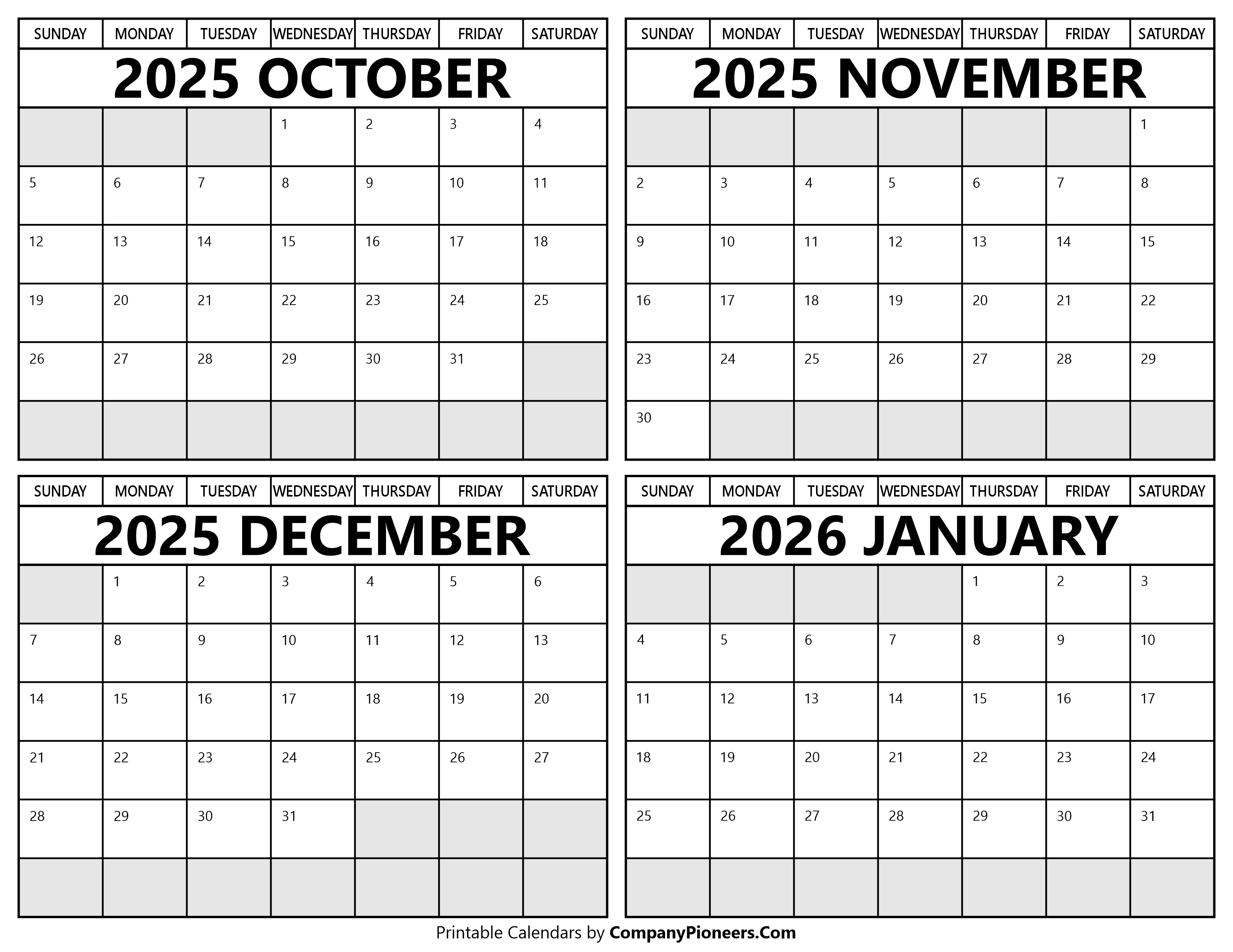 Printable October 2025 to January 2026 Calendars