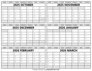 Printable October 2025 to March 2026 Calendar