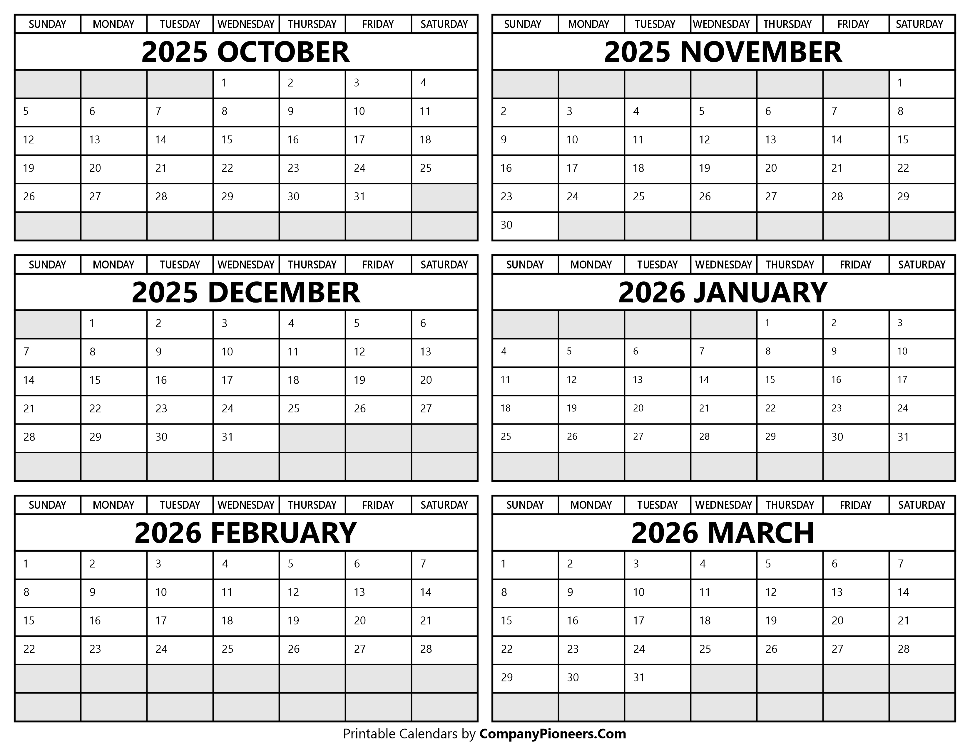 Printable October 2025 to March 2026 Calendar